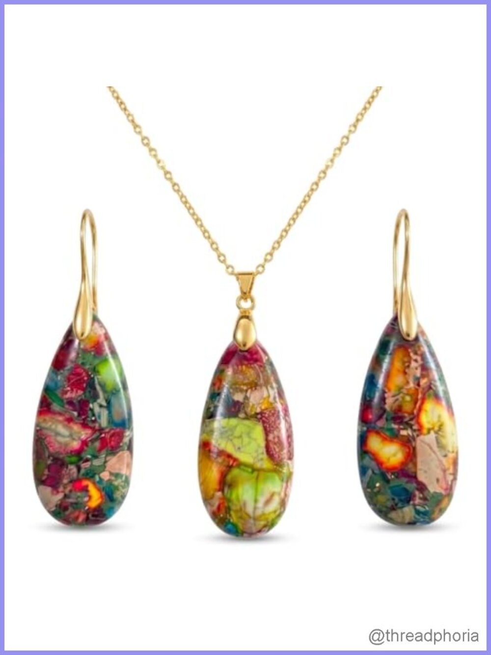 Healing Stone Jewelry Set Natural Jasper Teardrop Pendant Necklace Dangle